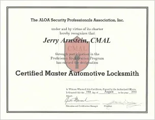 Certificat CMAL — Jerry Arnstein, serrurier automobile maître certifié